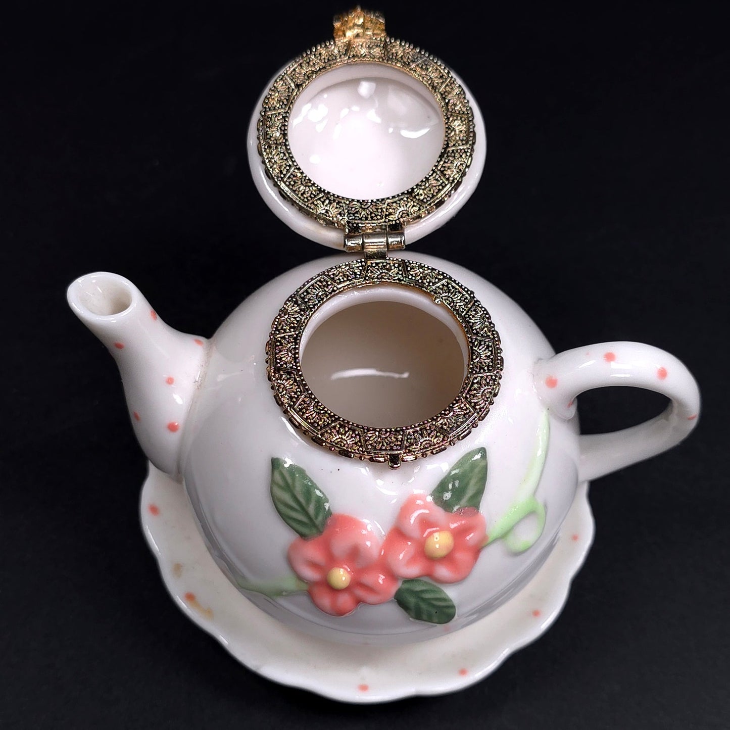 Vintage Tea Pot Jewelry Trinket Box With Saucer Floral Pattern