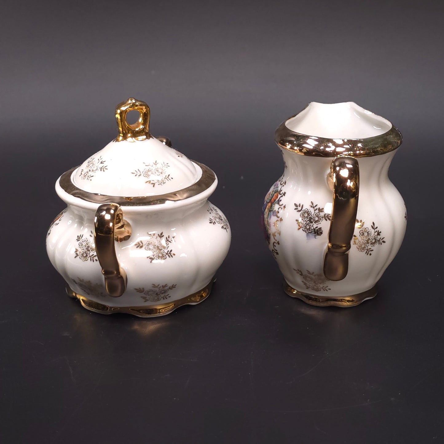 MCM Japanese Porcelain Sugar & Creamer Set Gold Trim Romantic Courting Scene