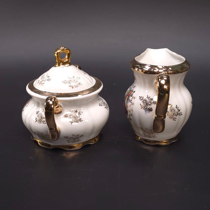 MCM Japanese Porcelain Sugar & Creamer Set Gold Trim Romantic Courting Scene