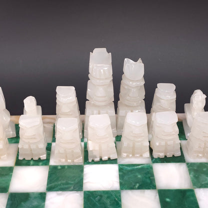Vintage Green White Onyx Stone Carved Chess Board Set Mexico