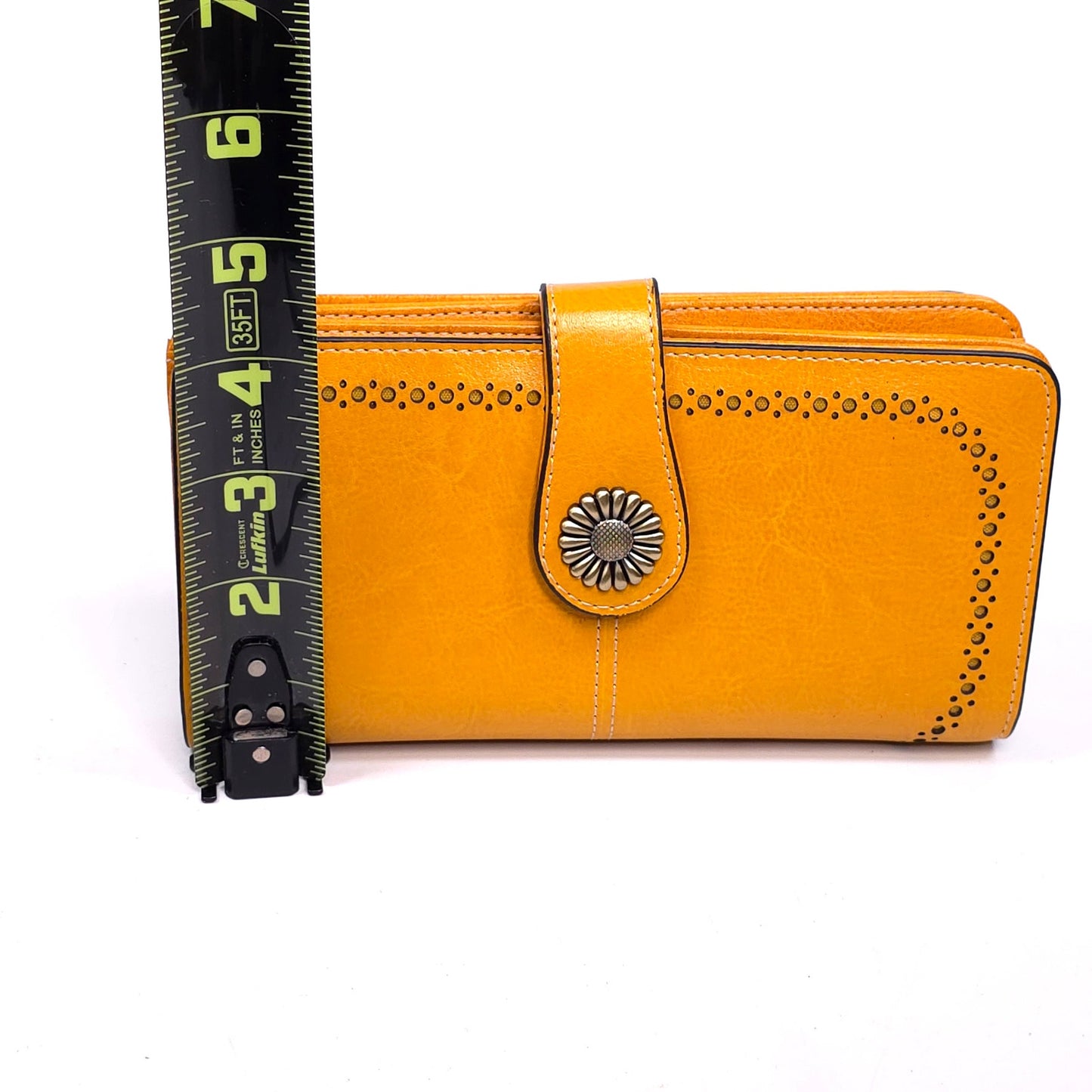 Sendefn Yellow Leather Wallet Wristlet Floral Button Clasp RFID Protetion