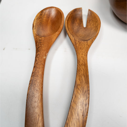 Leilani Monkey Pod Wood Salad Bowl Set 10 Bowls, 1 Serving Bowl w/ Fork & Spoon