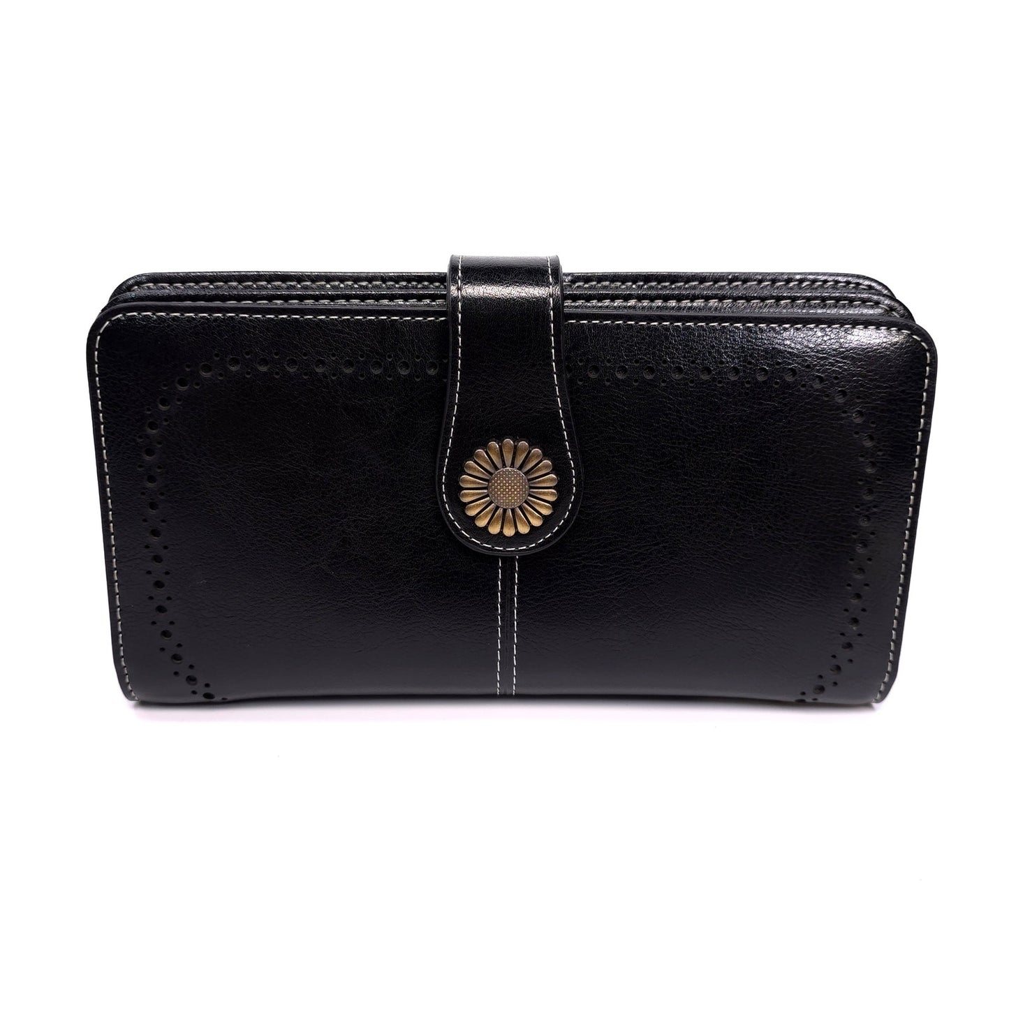 Sendefn Black Leather Wallet Wristlet Floral Button Clasp RFID Protetion