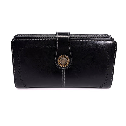 Sendefn Black Leather Wallet Wristlet Floral Button Clasp RFID Protetion