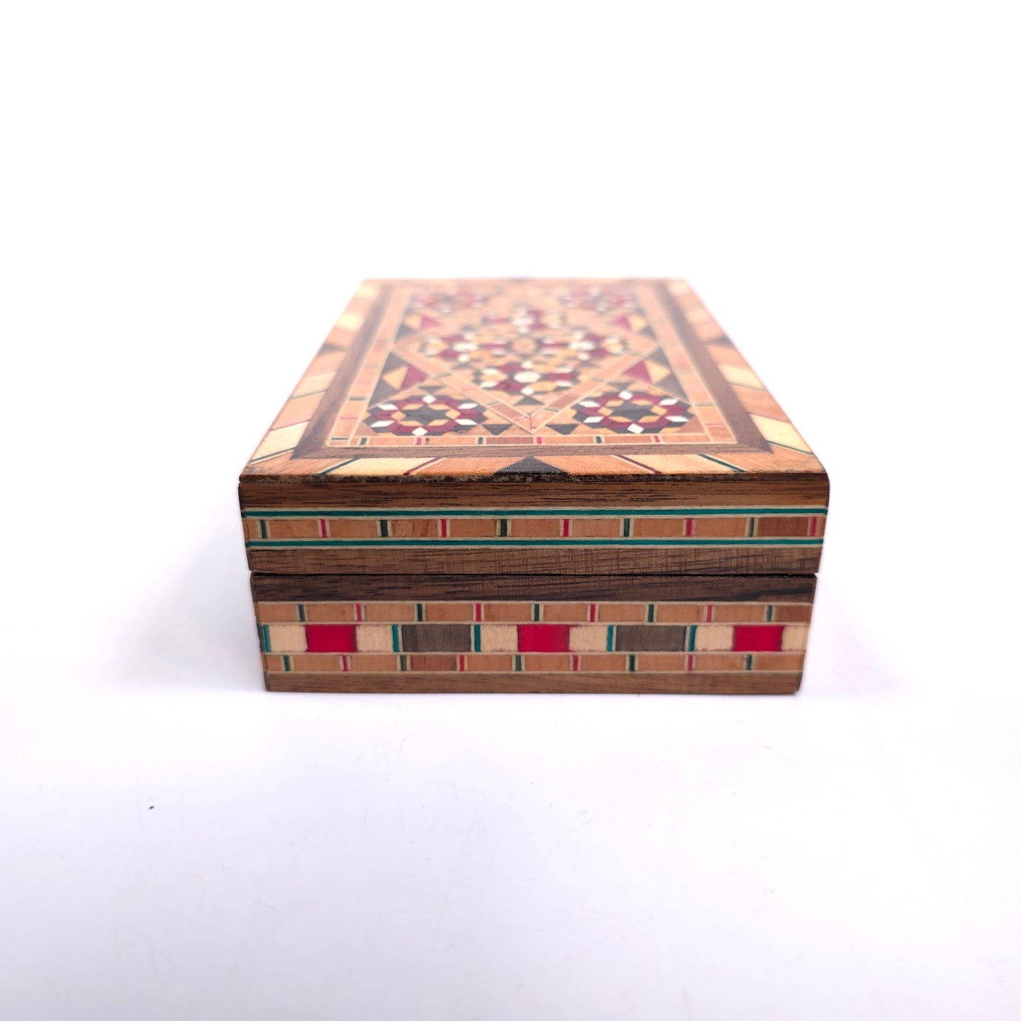 Vintage MCM Marquetry Wood Trinket Jewelry Box With Mosaic Inlay