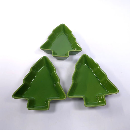 Set of 3 Green Christmas Pine Tree Shaped Plate Candy Condiment Ceramic Dish
