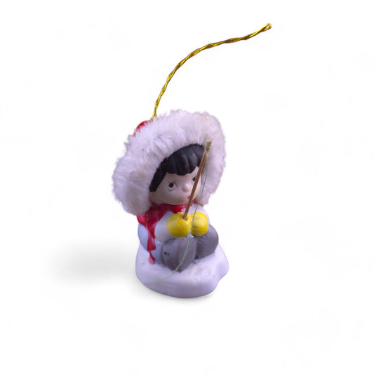 1980 BOA Jolly Jingles Christmas Bell Porcelain Ornmanet Fishing Pole Ice