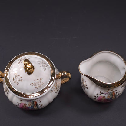 MCM Japanese Porcelain Sugar & Creamer Set Gold Trim Romantic Courting Scene