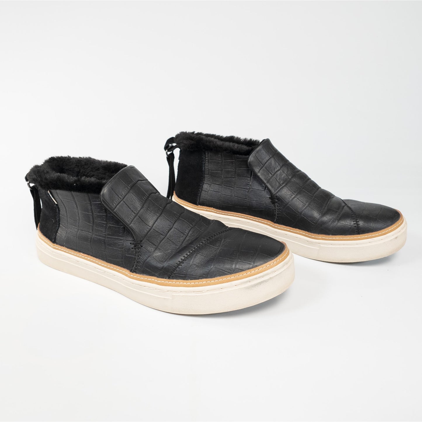 Toms Paxton Black Embossed Leather Slip On Faux Fur Lined Ankle Booties Size 9.5