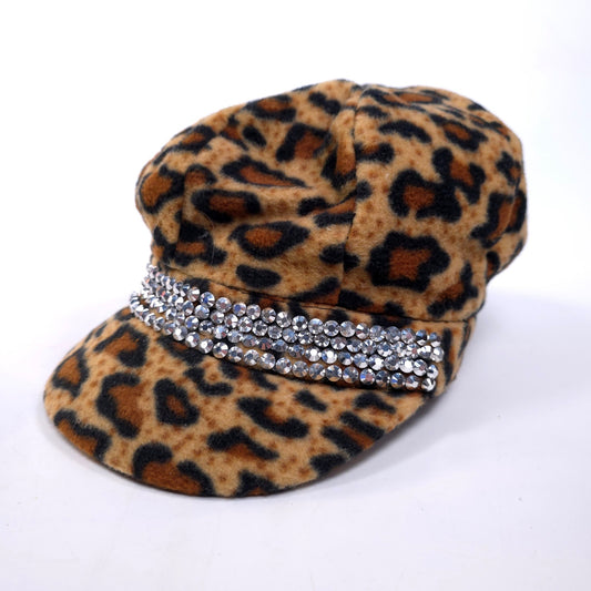 Leopard Animal Print Rhinestone Felt Bling Newsboy Cadet Hat Cap