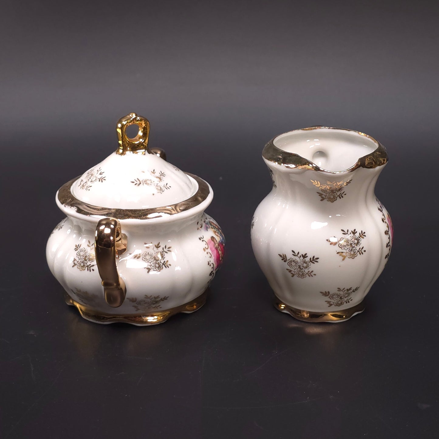 MCM Japanese Porcelain Sugar & Creamer Set Gold Trim Romantic Courting Scene