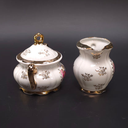 MCM Japanese Porcelain Sugar & Creamer Set Gold Trim Romantic Courting Scene