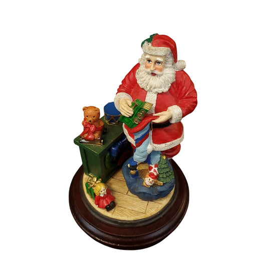 Resin Santa Claus Figurine with Teddy Bears and Wooden Base Collectible Decor