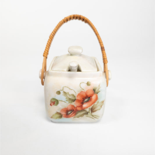 Ceramic Basket Sugar Bowl Container w/ Lid, Handle & Spoon Red Poppy Flowers
