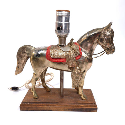 Vintage Tarnished Metal Cowboy Show Horse Lamp Works