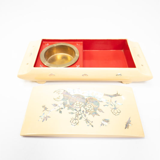 Vintage Japanese Cigarette Box w/ Mother Of Pearl Inlay Red/White Brass