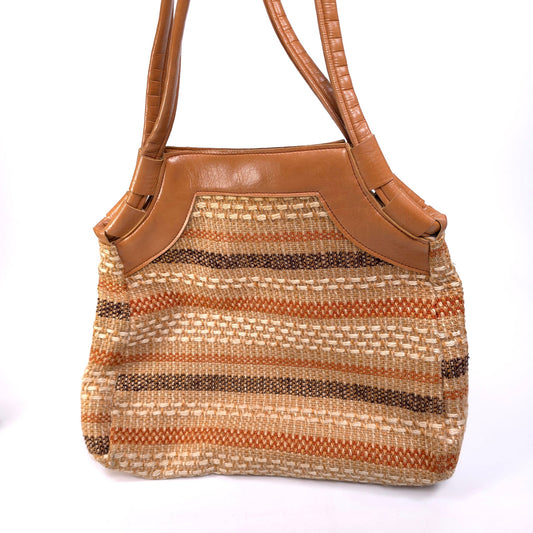Burlap And Leather Woven Shoulder Bag Purse Striped