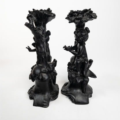 Cherub Angel Black Resin Candle Stick Holder Set of 2