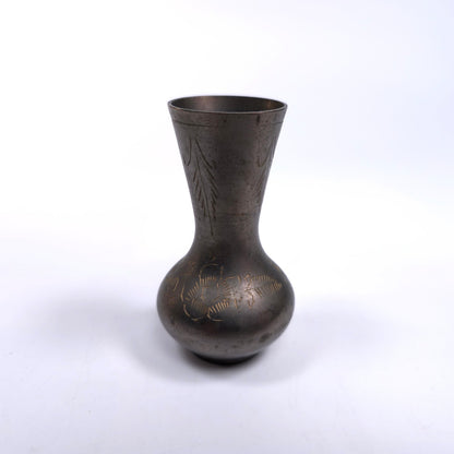 Vintage Bronze Mini Bud Vase With Etched Floral Pattern