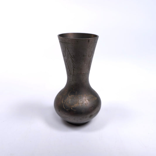 Vintage Bronze Mini Bud Vase With Etched Floral Pattern