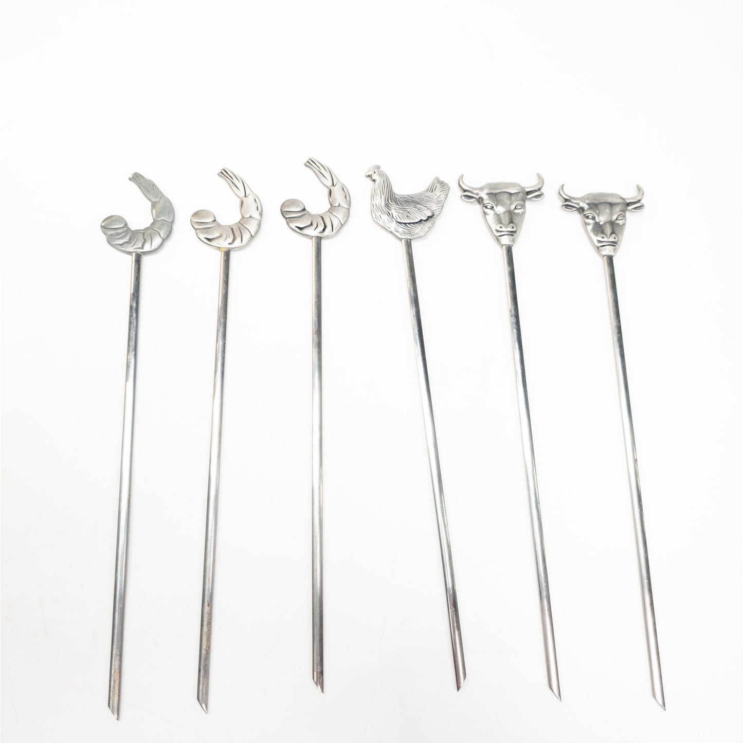 Lot of 6 Stainless Steel Animal Kabob Skewers Bull Chicken Shrimp