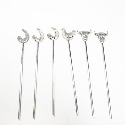 Lot of 6 Stainless Steel Animal Kabob Skewers Bull Chicken Shrimp
