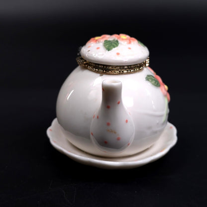 Vintage Tea Pot Jewelry Trinket Box With Saucer Floral Pattern