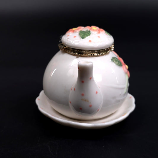 Vintage Tea Pot Jewelry Trinket Box With Saucer Floral Pattern