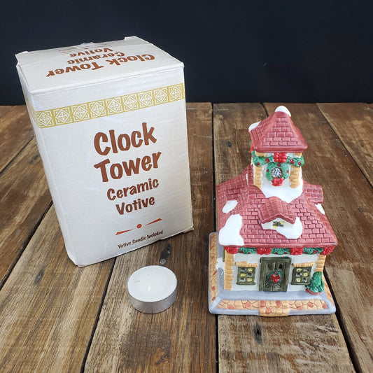 Vintage Votive Village House Tea Candle Holder Clock Tower Christmas Decor