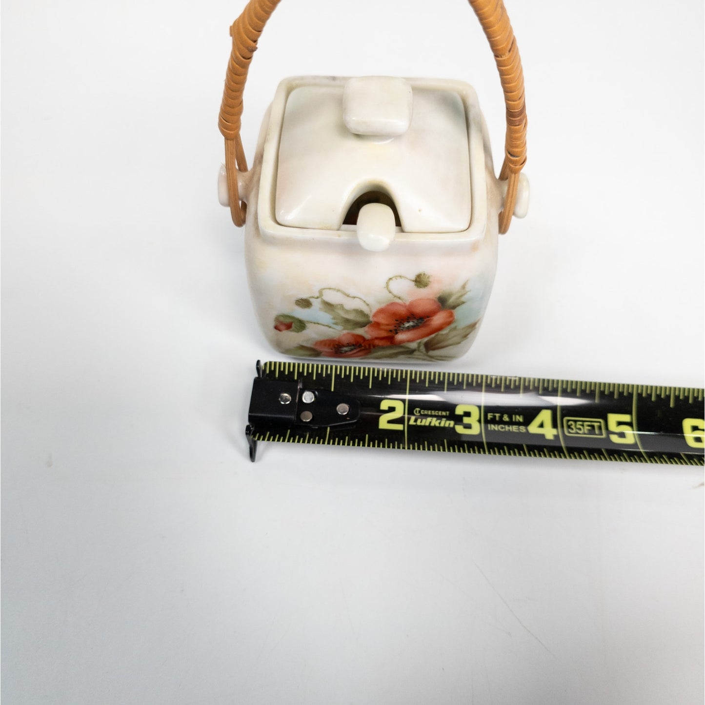 Ceramic Basket Sugar Bowl Container w/ Lid, Handle & Spoon Red Poppy Flowers