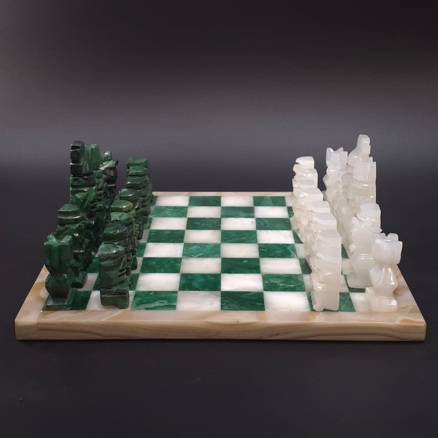Vintage Green White Onyx Stone Carved Chess Board Set Mexico