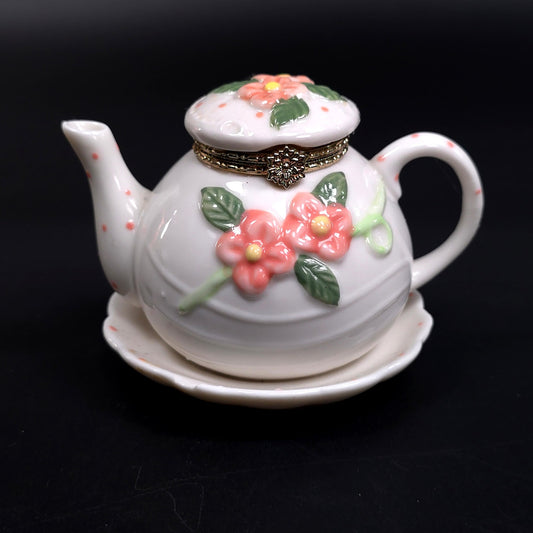 Vintage Tea Pot Jewelry Trinket Box With Saucer Floral Pattern