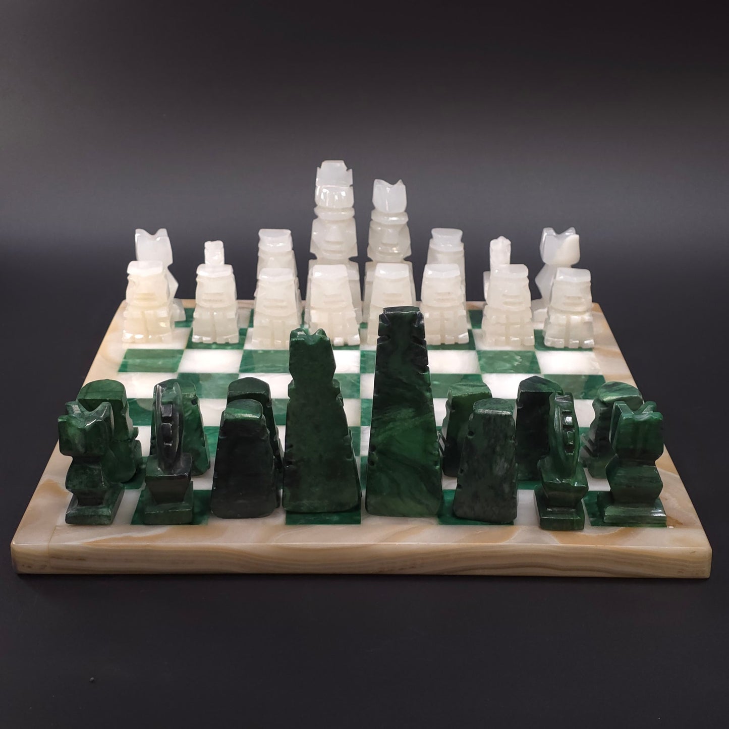 Vintage Green White Onyx Stone Carved Chess Board Set Mexico