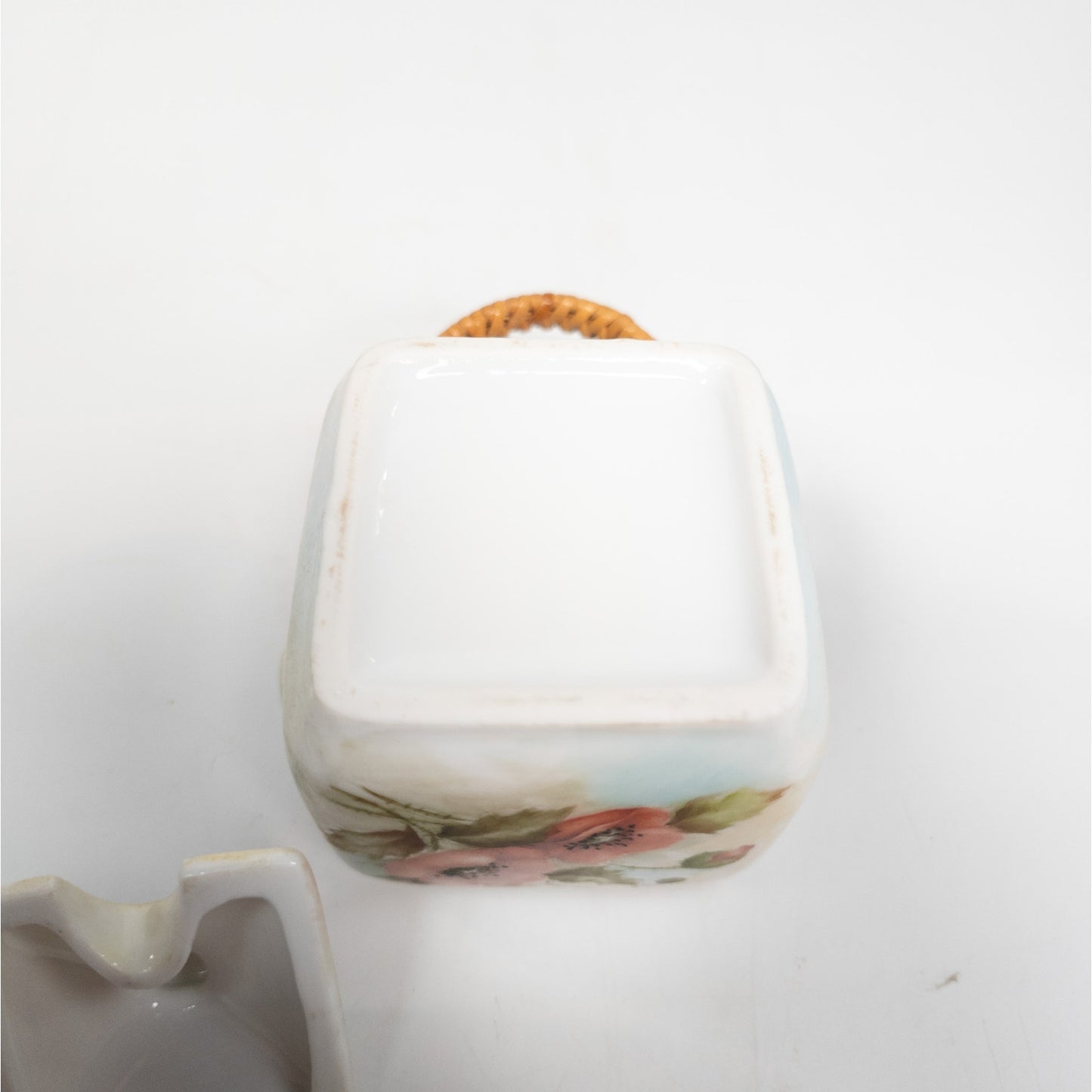 Ceramic Basket Sugar Bowl Container w/ Lid, Handle & Spoon Red Poppy Flowers