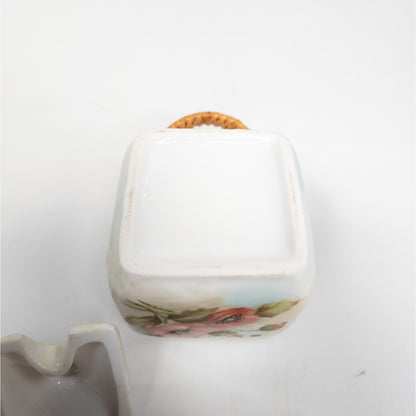 Ceramic Basket Sugar Bowl Container w/ Lid, Handle & Spoon Red Poppy Flowers
