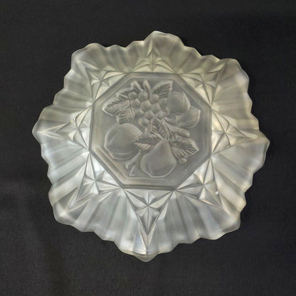 Vintage Frosted Satin Glass Fruit Bowl with Starburst Pattern Scalloped Edge