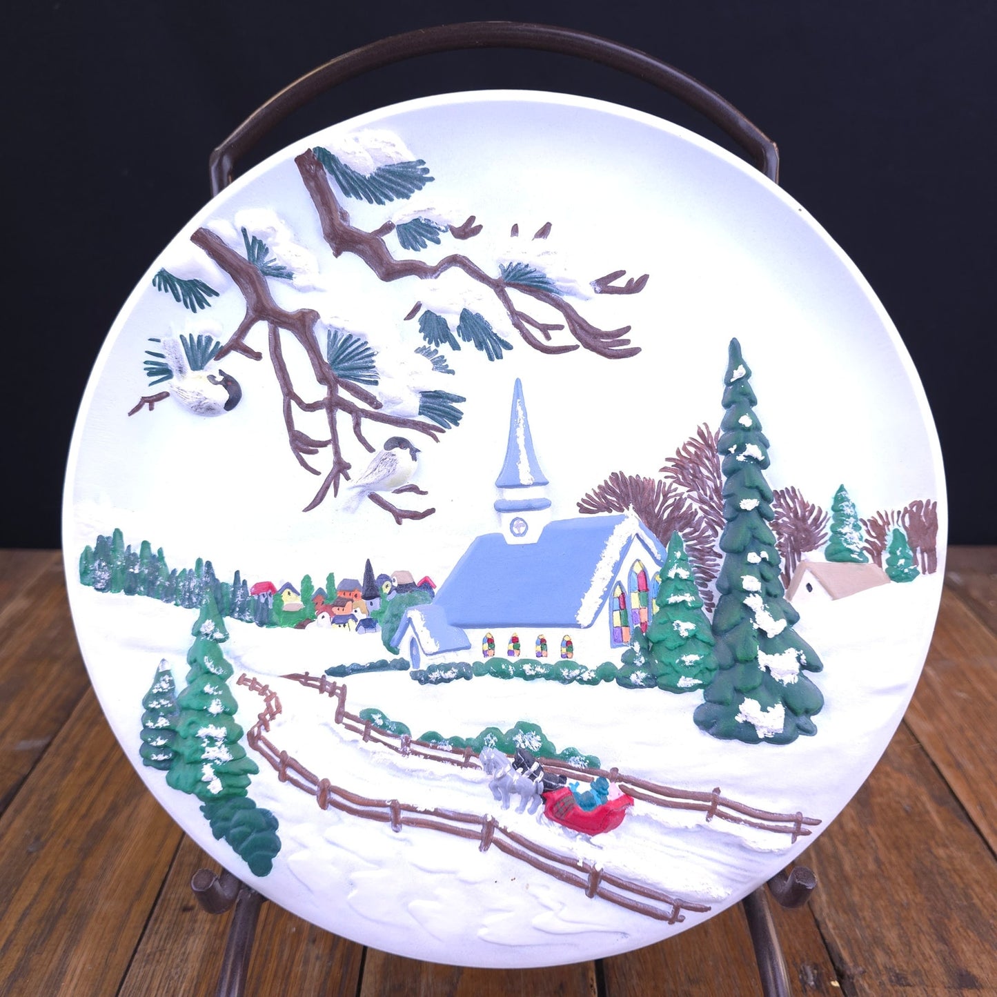 3D Hand Painted Winter Church Scene VTG 1980's Ceramic Byron Molds Wall Plate