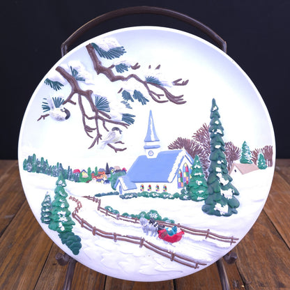 3D Hand Painted Winter Church Scene VTG 1980's Ceramic Byron Molds Wall Plate
