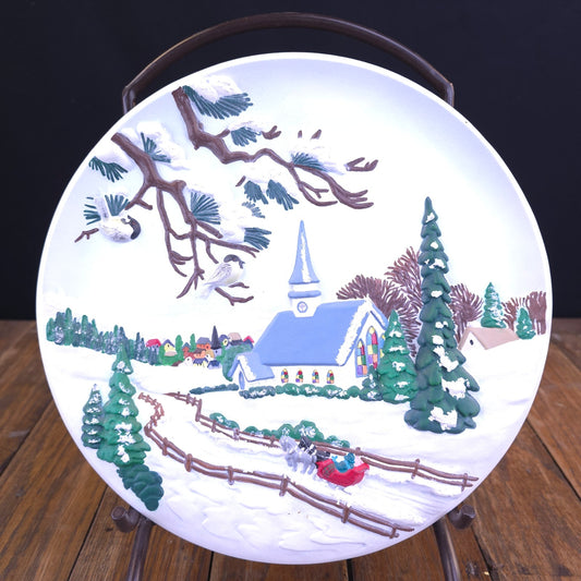 3D Hand Painted Winter Church Scene VTG 1980's Ceramic Byron Molds Wall Plate