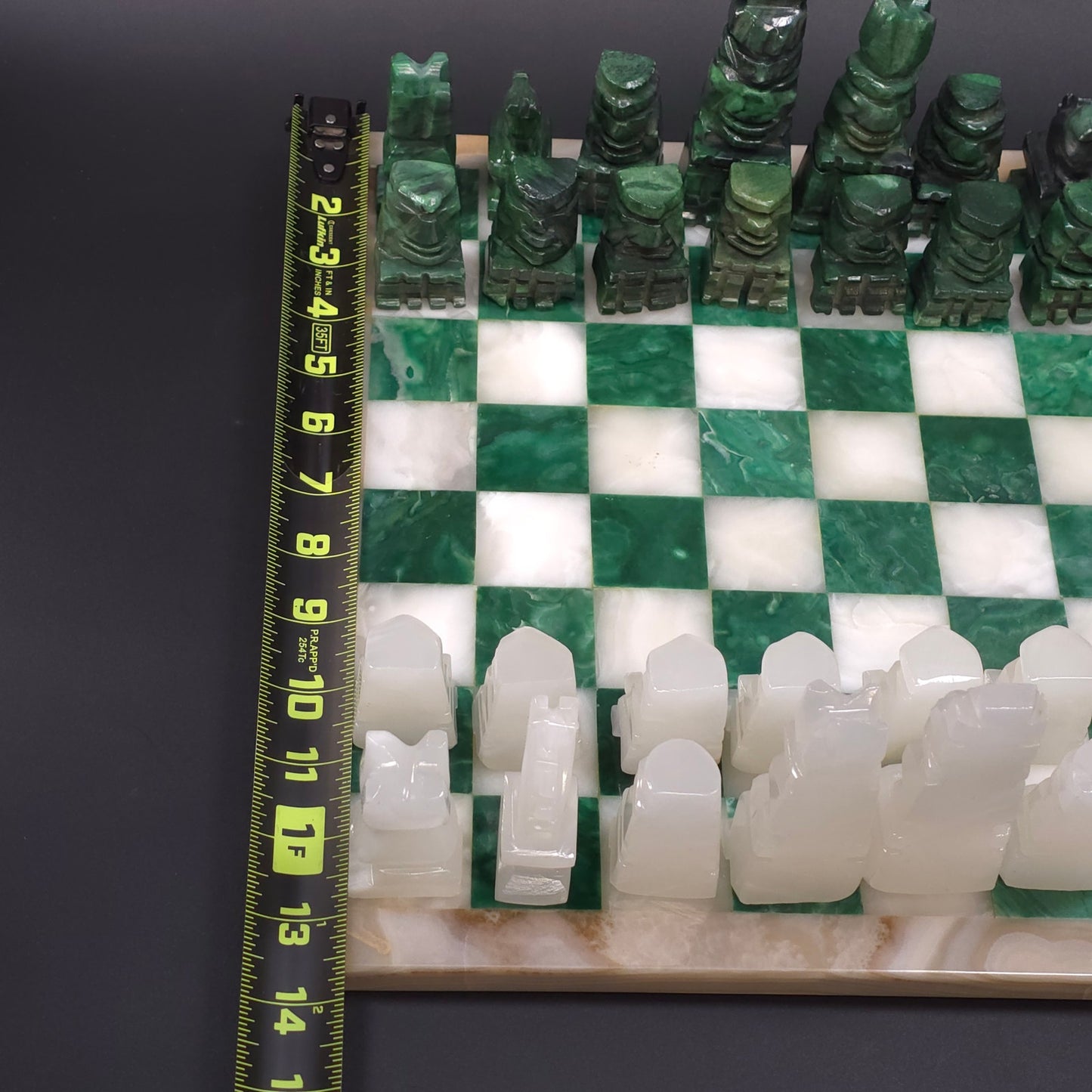 Vintage Green White Onyx Stone Carved Chess Board Set Mexico