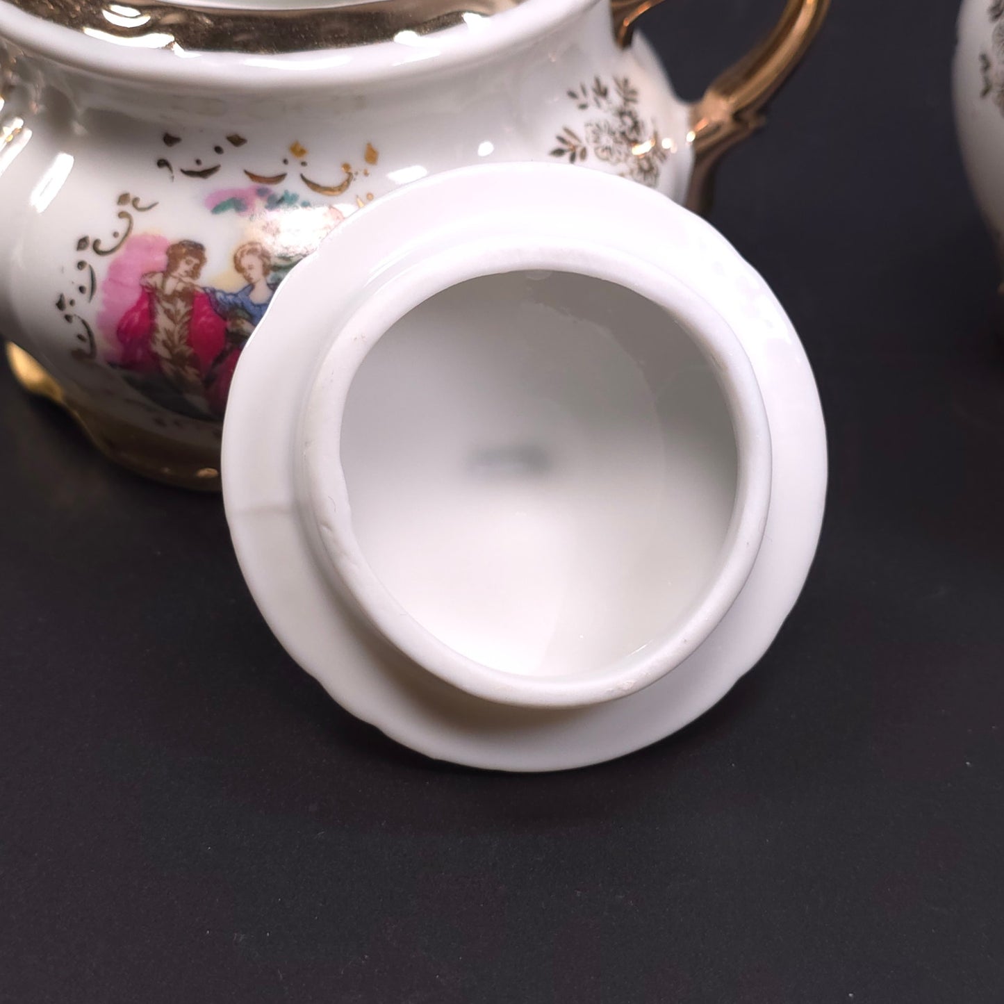 MCM Japanese Porcelain Sugar & Creamer Set Gold Trim Romantic Courting Scene