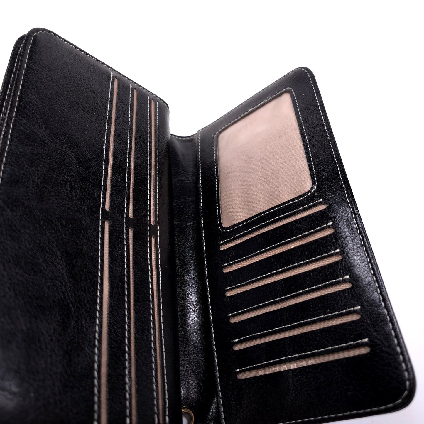 Sendefn Black Leather Wallet Wristlet Floral Button Clasp RFID Protetion