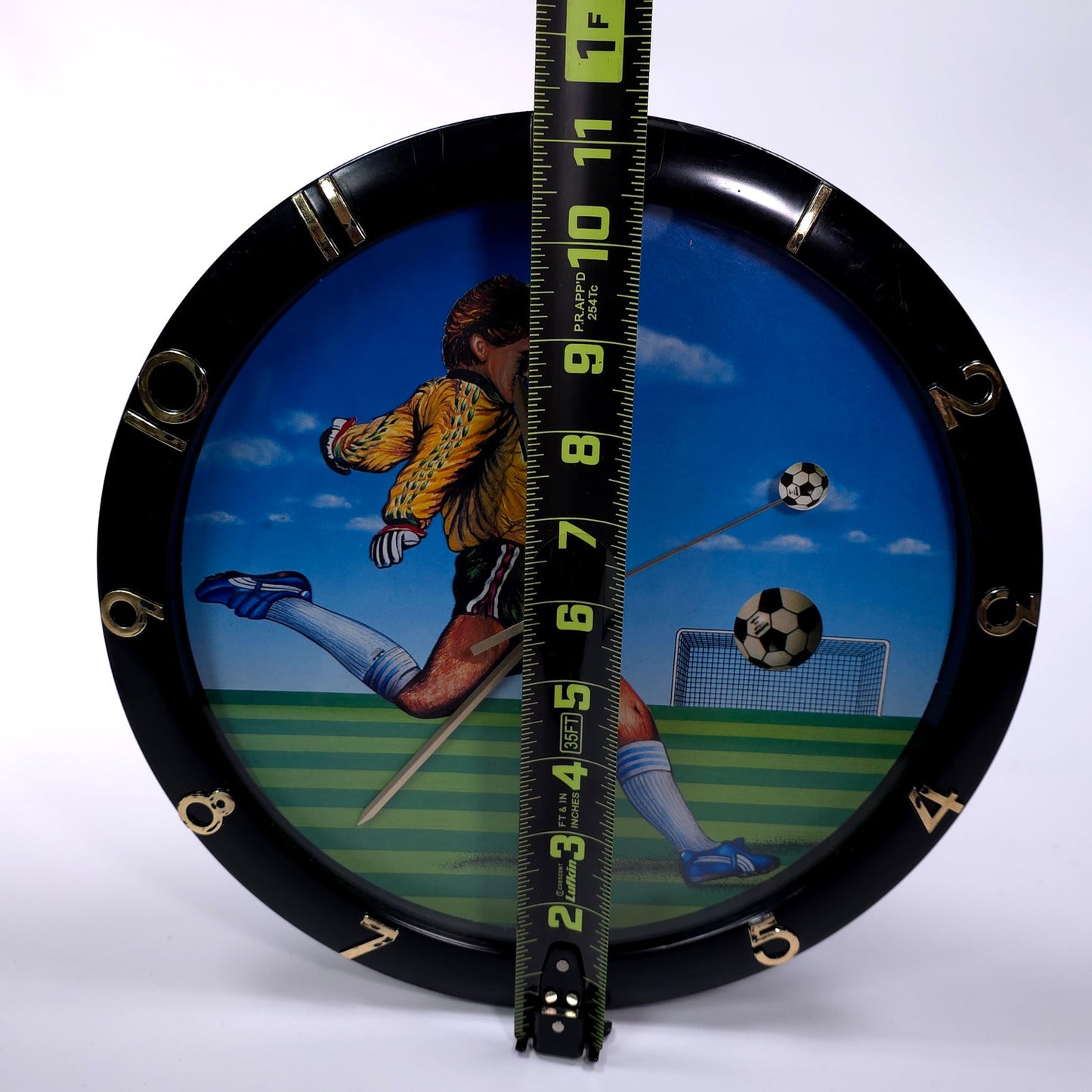 Vintage Soccer Football Player Wall Clock Black Frame Sports Theme Kick Motion