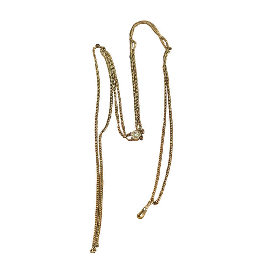 Antique Gold Tone Opal Seed Pearl Pocket Watch Slide Chain Necklace