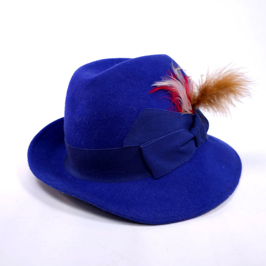 Vintage Felt Fedora Gosgrain Ribbon With Feathers Medium Brim Hat Size M 22" Cir