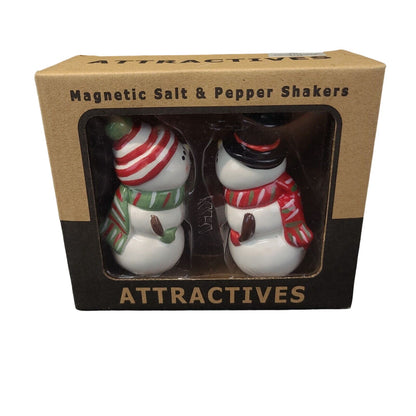 Mr & Mrs Snowman Kissing Couple Magnetic Ceramic Salt Pepper Shakers Set