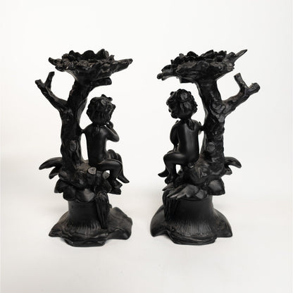 Cherub Angel Black Resin Candle Stick Holder Set of 2