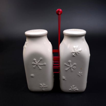 Hallmark Snowman Milk Bottle Snowman Salt & Pepper Shakers w/ Crate Holder