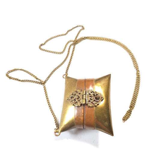 Antique Victorian Brass Copper Purse Velvet Lined Gold-Tone Chain Mini Purse