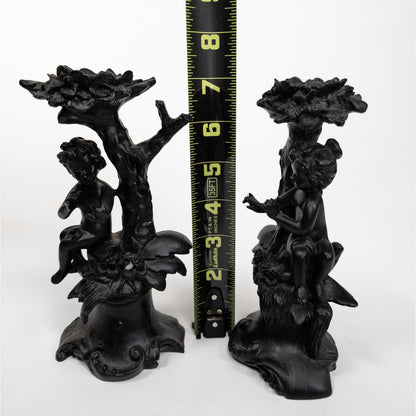 Cherub Angel Black Resin Candle Stick Holder Set of 2